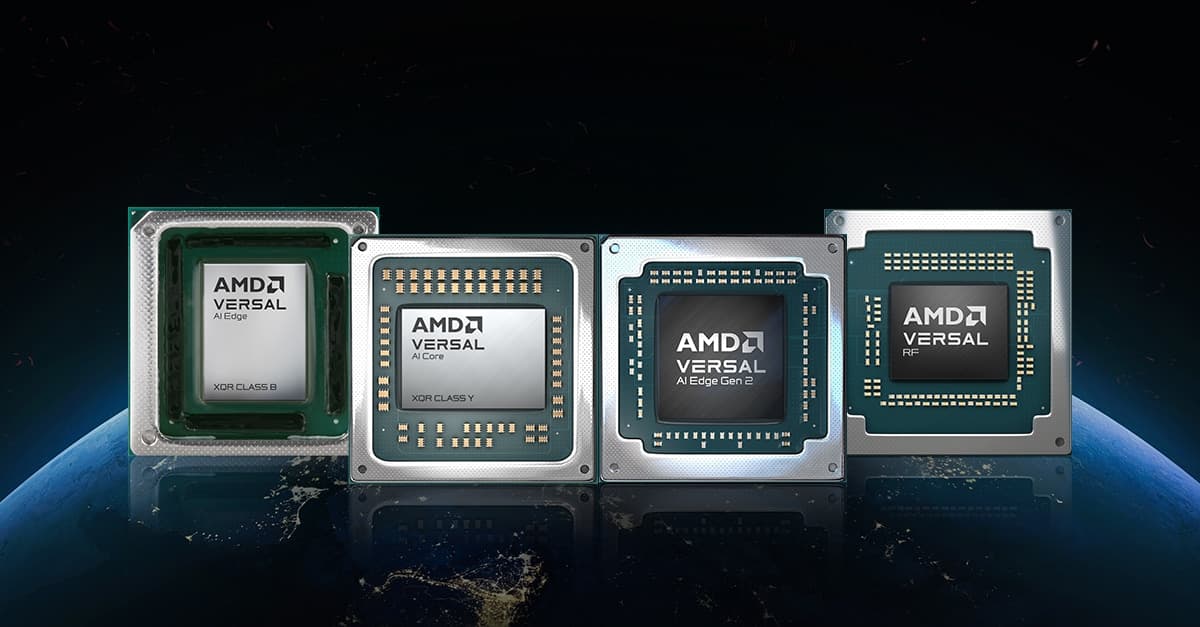 AMD graphic of four space-grade Versal packages on an Earth horizon, including the XQR Class Y AI Core device